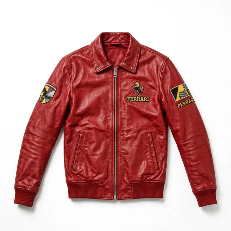 Ferrari Leather Jacket front view — rosso red scuderia-style racer jacket with chest embroidery and sponsor-style patches