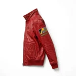 Ferrari Leather Jacket side view — rosso red scuderia-style racer jacket with sleeve embroidery