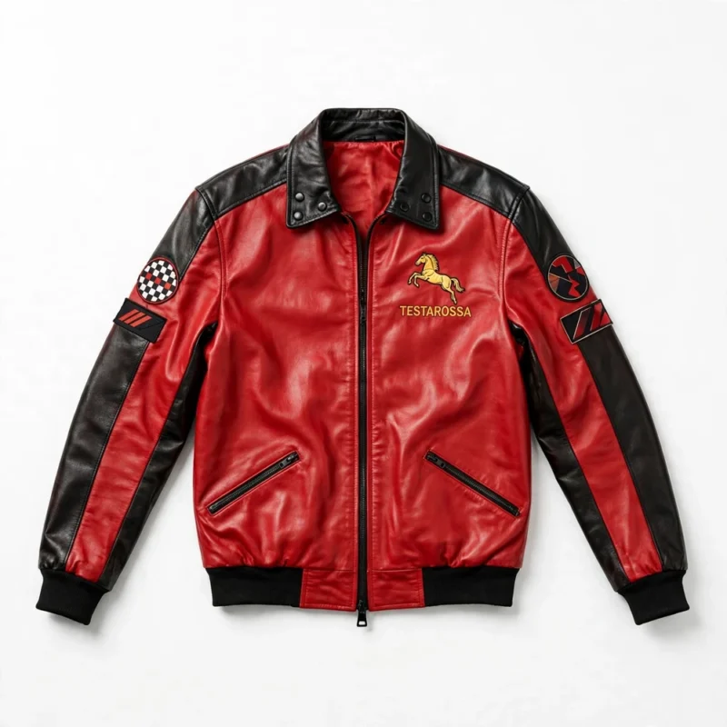 Ferrari Testarossa Leather Jacket front view — red with black eighties gt jacket with chest embroidery and sponsor-style patches