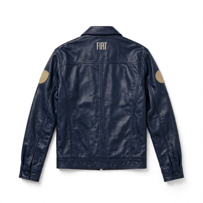 Fiat Leather Jacket back view — navy retro cruiser jacket with back embroidery and sponsor-style patches