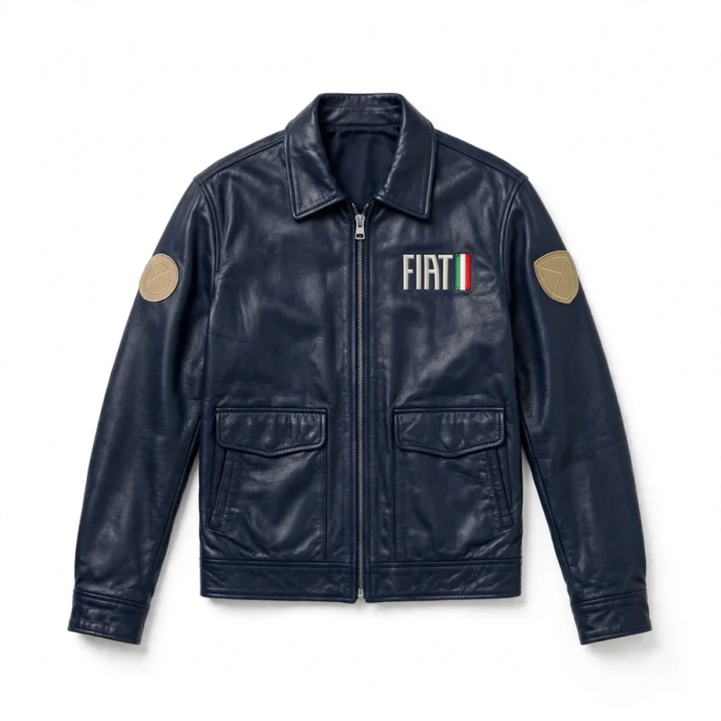 Fiat Leather Jacket front view — navy retro cruiser jacket with chest embroidery and sponsor-style patches