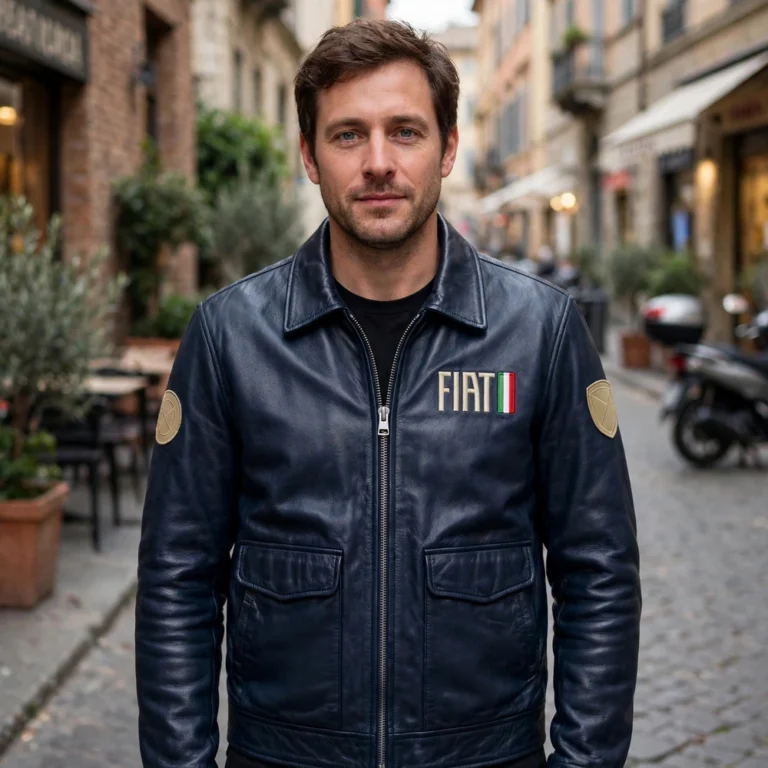 Fiat Leather Jacket model view — front-facing model wearing the navy retro cruiser jacket with chest embroidery