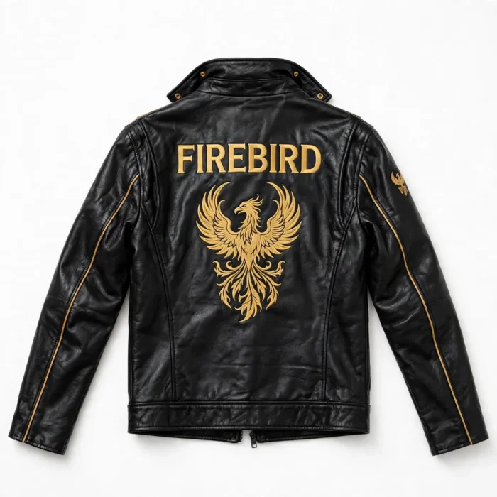 Firebird Leather Jacket back view, black with gold phoenix-style chest emblem racer jacket