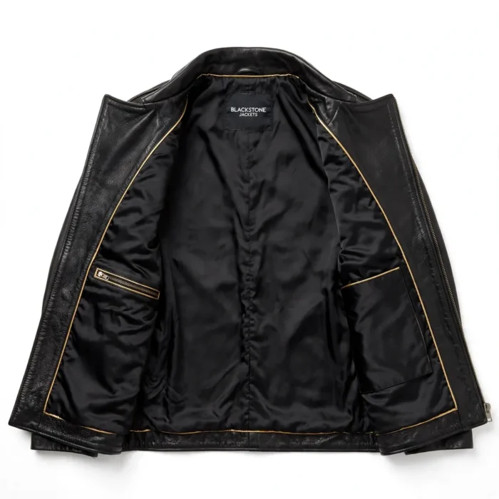 Firebird Leather Jacket inner lining view, black satin lining with gold trim