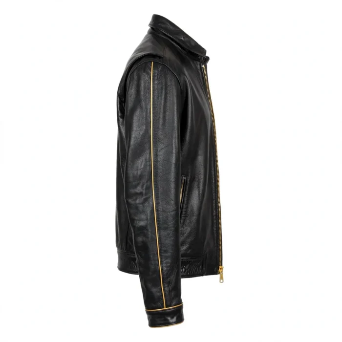 Firebird Leather Jacket side view, black with gold phoenix-style chest emblem racer jacket