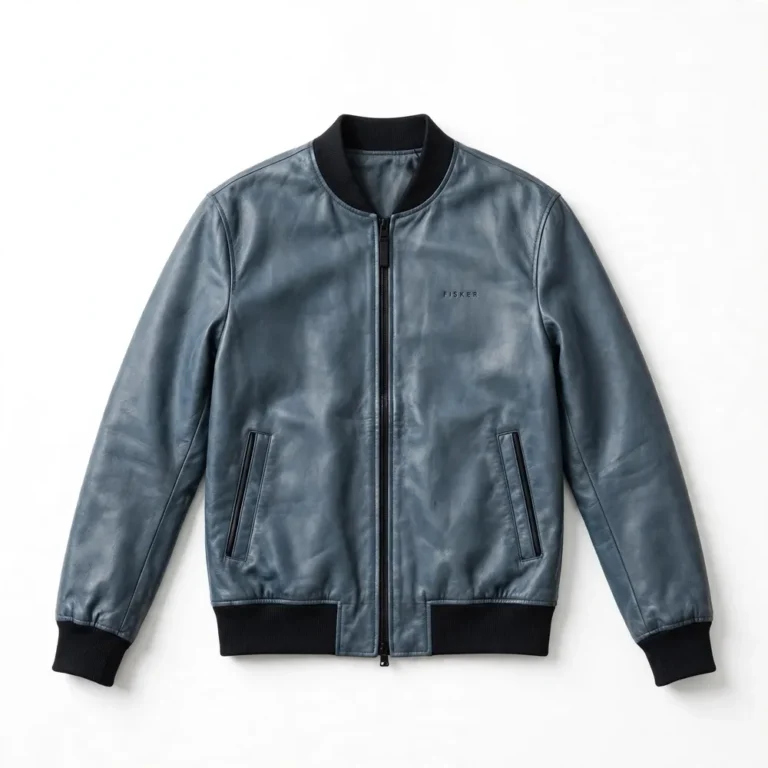 Fisker Leather Jacket front view, ocean-blue-grey with black minimalist trim minimalist bomber jacket