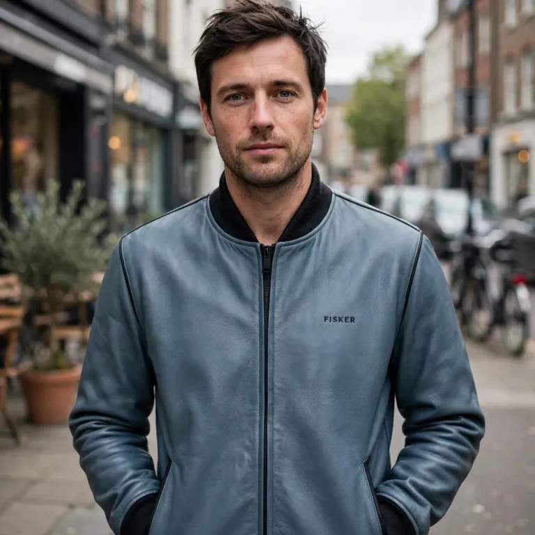 Model wearing the Fisker Leather Jacket, ocean-blue-grey with black minimalist trim minimalist bomber jacket