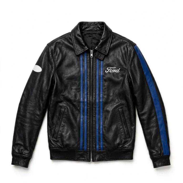 Ford Leather Jacket front view, black with royal-blue racing stripes racer jacket