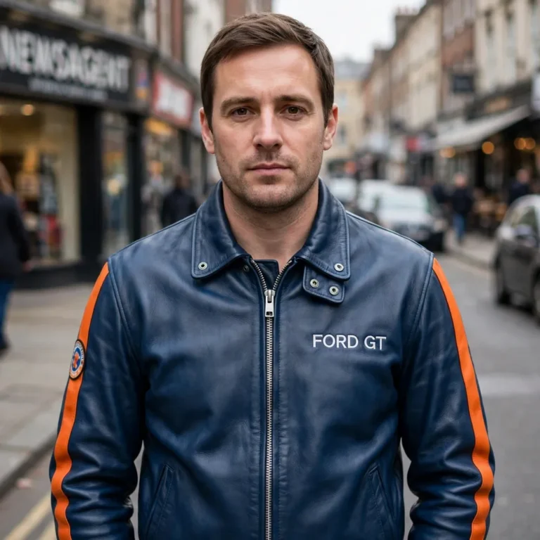 Model wearing the Ford GT Leather Jacket, heritage blue with orange stripe racer jacket