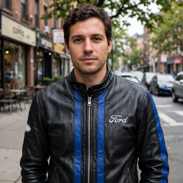 Model wearing the Ford Leather Jacket, black with royal-blue racing stripes racer jacket