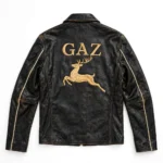 GAZ Leather Jacket back view, black leather jacket with large leaping deer emblem with 'gaz' text embroidered across the back