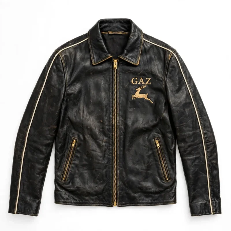 GAZ Leather Jacket front view, black leather jacket with gold 'gaz' wordmark with leaping deer emblem embroidered on the left chest
