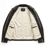 GAZ Leather Jacket inner view, plain lining with inside pockets and Blackstone Jackets neck label