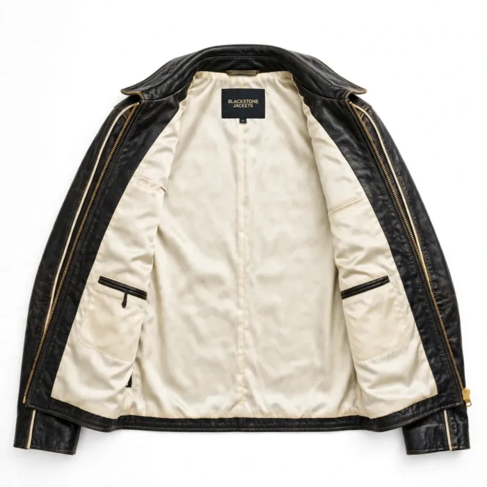 GAZ Leather Jacket inner view, plain lining with inside pockets and Blackstone Jackets neck label
