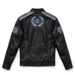 Geely Leather Jacket back view, black leather jacket with large silver-blue geely emblem with 'geely' text embroidered across the back