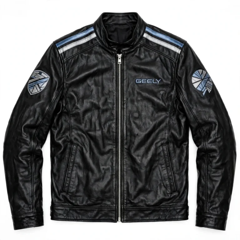 Geely Leather Jacket front view, black leather jacket with silver-blue 'geely' wordmark embroidered on the left chest