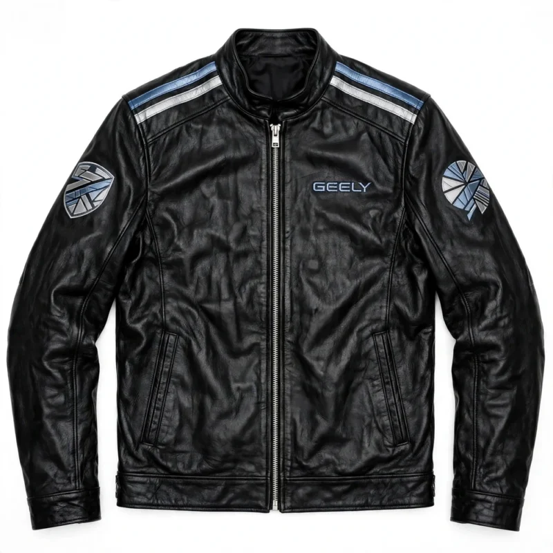Geely Leather Jacket front view, black leather jacket with silver-blue 'geely' wordmark embroidered on the left chest