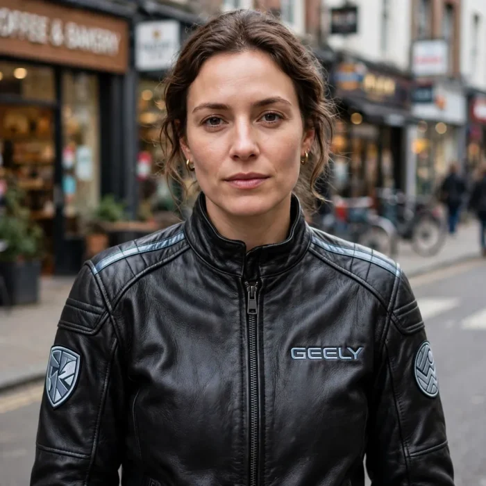 Person wearing the Geely Leather Jacket outdoors, front-facing, showing silver-blue 'geely' wordmark embroidered on the left chest