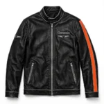 Genesis Leather Jacket front view, black with magma-orange accents and silver-grey trim racer jacket