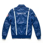 Ginetta Leather Jacket back view, racing blue with white stripes leather, GINETTA lettering in white across the upper back