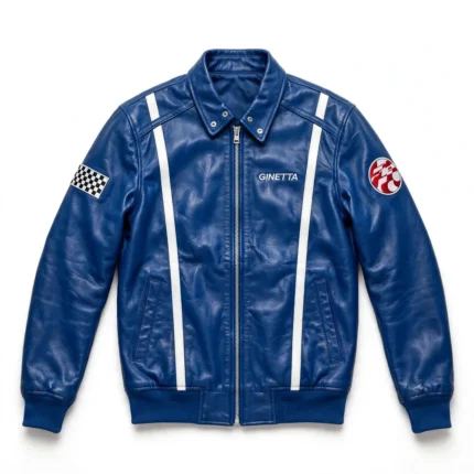 Ginetta Leather Jacket front view, racing blue with white stripes racing jacket, GINETTA wordmark embroidered on the left chest