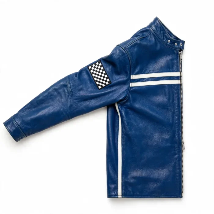 Ginetta Leather Jacket side view, racing blue with white stripes racing jacket with snap-down collar