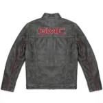GMC Leather Jacket back view, charcoal-grey with red GMC-style lettering trucker jacket