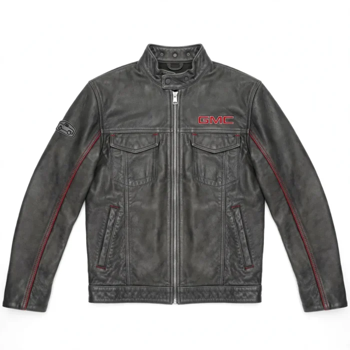 GMC Leather Jacket front view, charcoal-grey with red GMC-style lettering trucker jacket