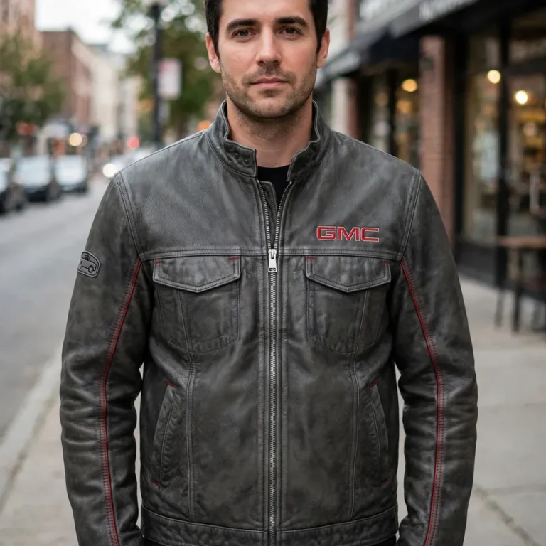 Model wearing the GMC Leather Jacket, charcoal-grey with red GMC-style lettering trucker jacket