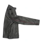 GMC Leather Jacket side view, charcoal-grey with red GMC-style lettering trucker jacket