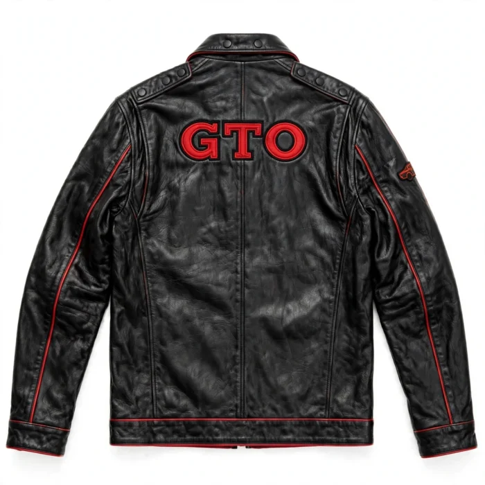 GTO Leather Jacket back view, black with red accents and GTO block chest letters racer jacket