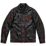 GTO Leather Jacket front view, black with red accents and GTO block chest letters racer jacket