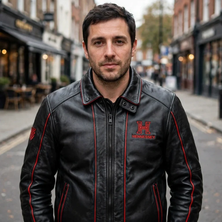 Model wearing the Hennessey Leather Jacket, black with red accents and H-style chest emblem racer jacket
