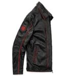 Hennessey Leather Jacket side view, black with red accents and H-style chest emblem racer jacket