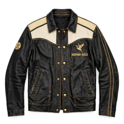 Hispano-Suiza Leather Jacket front view, black with cream panels and gold trim vintage cruiser jacket