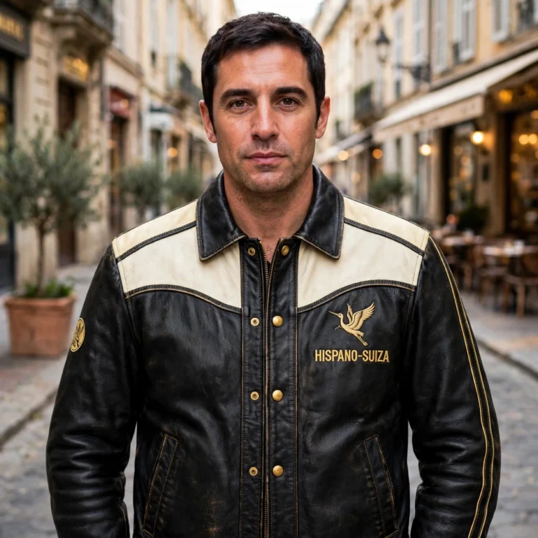 Model wearing the Hispano-Suiza Leather Jacket, black with cream panels and gold trim vintage cruiser jacket