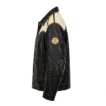 Hispano-Suiza Leather Jacket side view, black with cream panels and gold trim vintage cruiser jacket