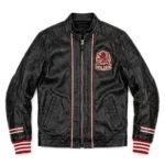 Holden Leather Jacket front view, black leather jacket with red lion-and-stone emblem with 'holden' text embroidered on the left chest