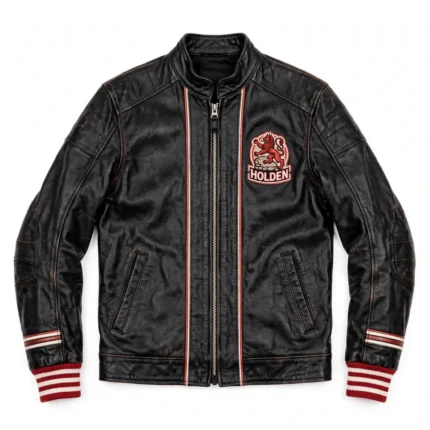Holden Leather Jacket front view, black leather jacket with red lion-and-stone emblem with 'holden' text embroidered on the left chest