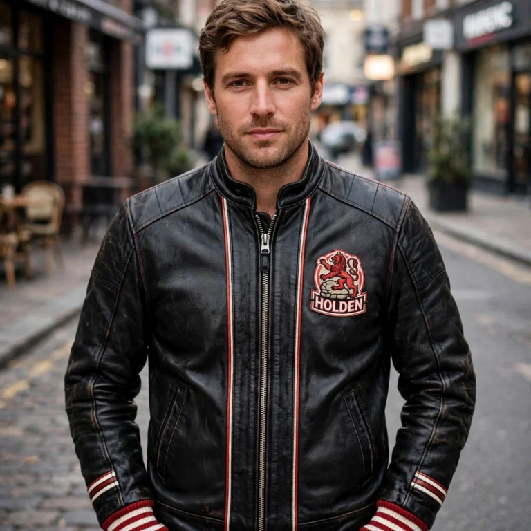 Person wearing the Holden Leather Jacket outdoors, front-facing, showing red lion-and-stone emblem with 'holden' text embroidered on the left chest