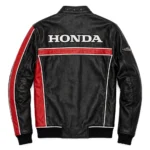Honda Leather Jacket back view, black with red panels and white trim racer jacket