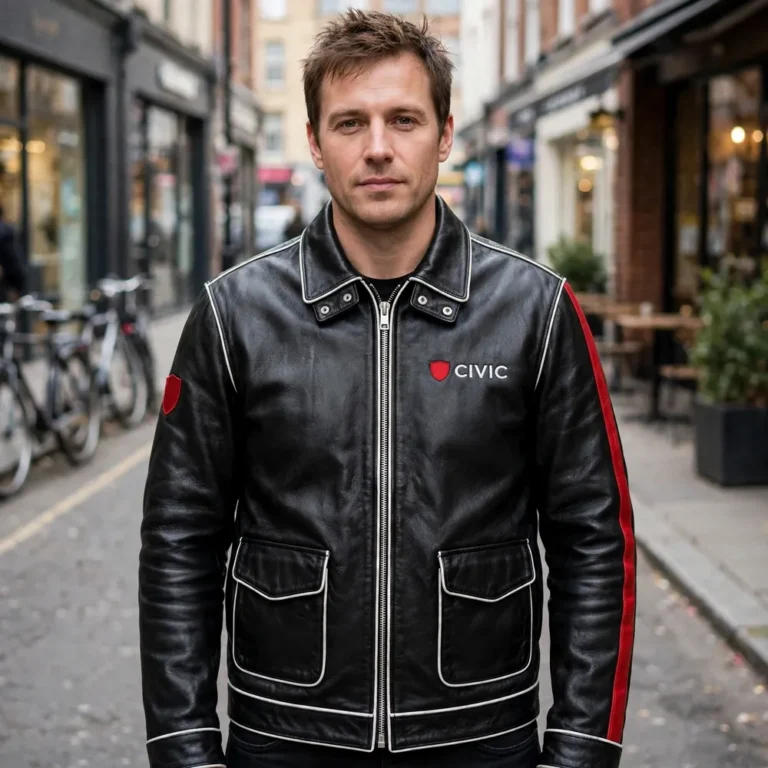 Model wearing the Honda Civic Leather Jacket, black with red stripes and white trim racer jacket