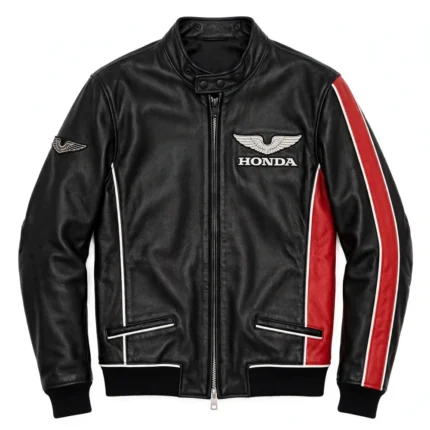 Honda Leather Jacket front view, black with red panels and white trim racer jacket