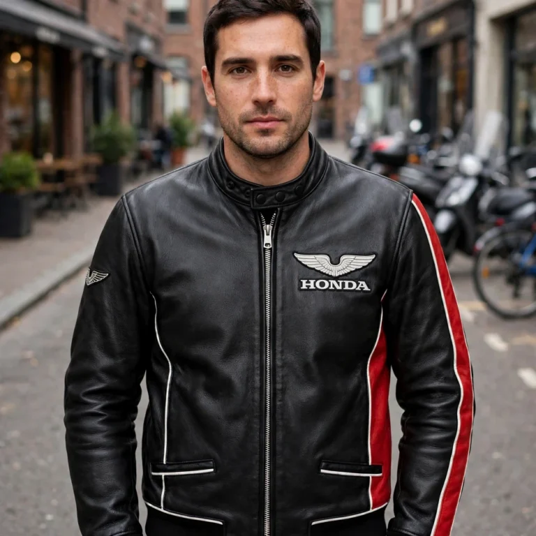 Model wearing the Honda Leather Jacket, black with red panels and white trim racer jacket