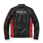Honda NSX Leather Jacket back view, black with red panels and silver trim racer jacket