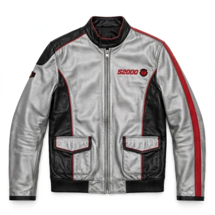 Honda S2000 Leather Jacket front view, silver-grey with black panels and red trim roadster jacket