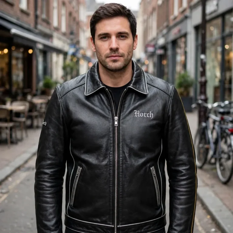 Model wearing the Horch Leather Jacket, black with silver and gold trim cruiser jacket