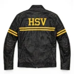 HSV Leather Jacket back view, black leather jacket with large yellow 'hsv' text with a performance stripe embroidered across the back