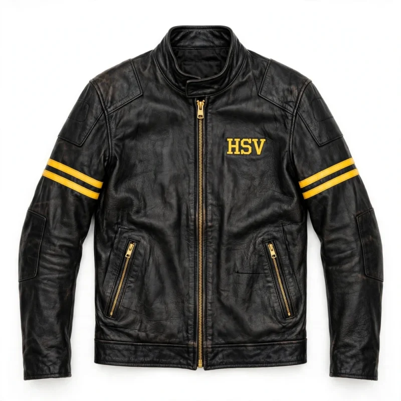 HSV Leather Jacket front view, black leather jacket with yellow 'hsv' wordmark embroidered on the left chest
