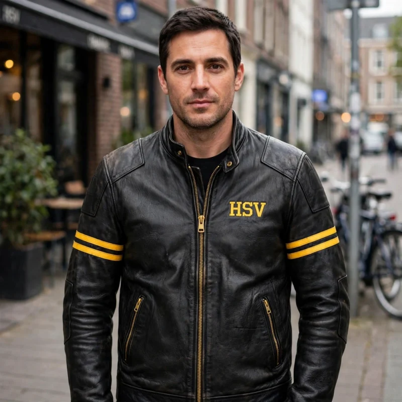 Person wearing the HSV Leather Jacket outdoors, front-facing, showing yellow 'hsv' wordmark embroidered on the left chest